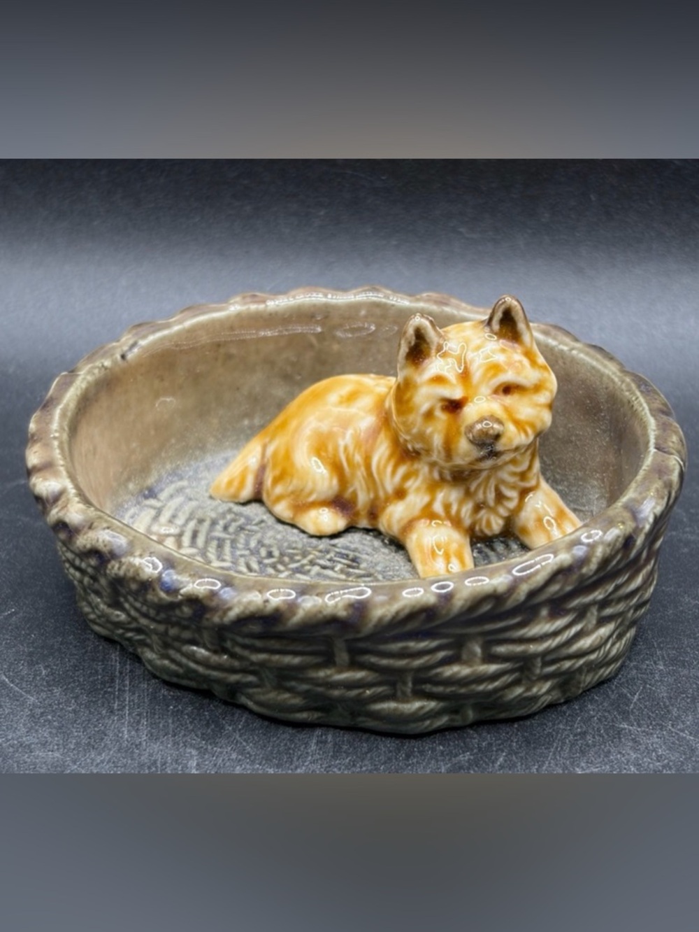 Wade England Vintage Glazed Ceramic Terrier Dog Puppy in Basket Trinket Dish